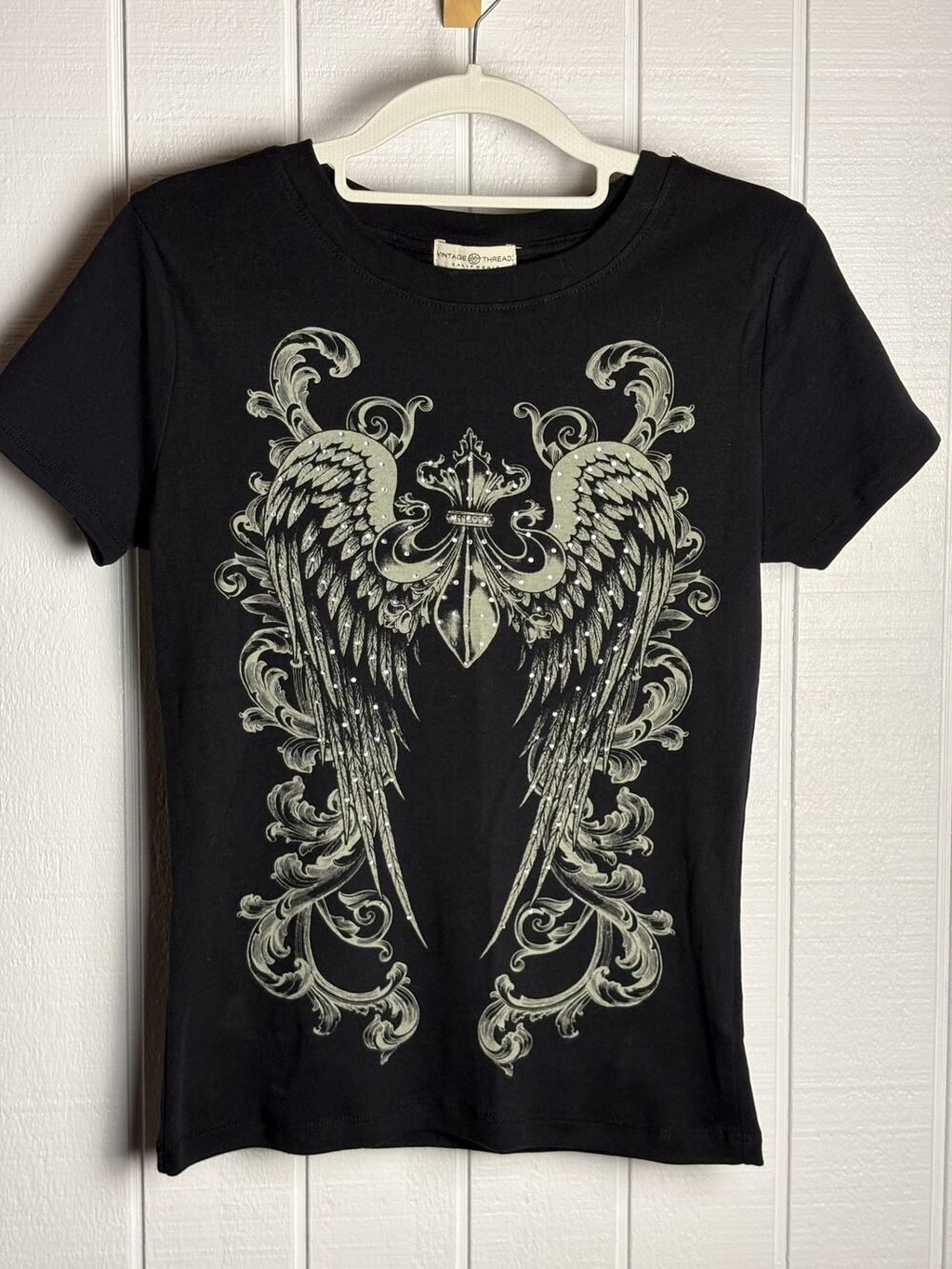Vintage Thread Women's M Black Angel Wings Rhinestone Graphic T Shirt Tee